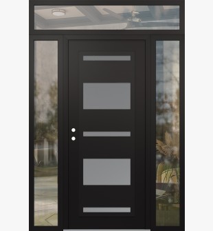 Diamond C10 68" x 96" black/white frosted Glass Panel black RHI with 2 Sidelites and Transom clear Glass