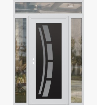 Diamond C12 64" x 96" white/white frosted Glass Panel black RHI with 2 Sidelites and Transom clear Glass