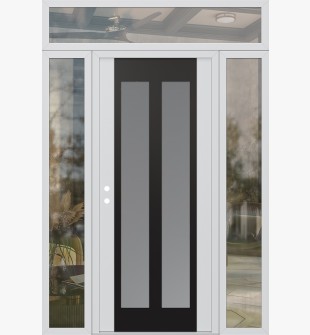 Diamond C14 68" x 96" white/white frosted Glass Panel black RHI with 2 Sidelites and Transom clear Glass