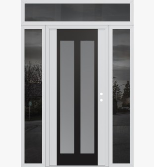 Diamond C14 64" x 96" white/white frosted Glass Panel black LHI with 2 Sidelites and Transom mirrored Glass