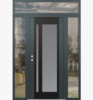 Diamond C15 64" x 96" anthracite/anthracite frosted Glass Panel black RHI with 2 Sidelites and Transom clear Glass