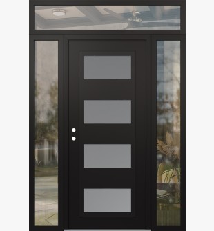 Diamond C2 64" x 96" black/white frosted Glass Panel black RHI with 2 Sidelites and Transom clear Glass