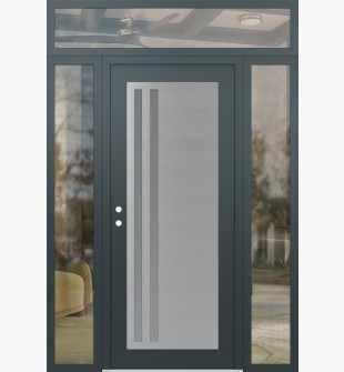 Diamond C6 64" x 96" anthracite/anthracite frosted Glass Panel stainless steel RHI with 2 Sidelites and Transom clear Glass