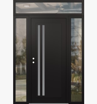 Diamond C6 68" x 96" black/white frosted Glass Panel black RHI with 2 Sidelites and Transom clear Glass