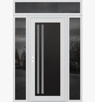 Diamond C6 64" x 96" white/white frosted Glass Panel black RHI with 2 Sidelites and Transom mirrored Glass