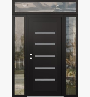 Diamond C7 64" x 96" black/white frosted Glass Panel black RHI with 2 Sidelites and Transom clear Glass