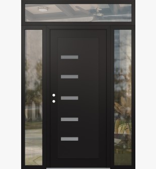 Diamond C8 64" x 96" black/white frosted Glass Panel black RHI with 2 Sidelites and Transom clear Glass