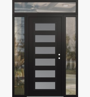 Diamond C9 64" x 96" black/white frosted Glass Panel black LHI with 2 Sidelites and Transom clear Glass