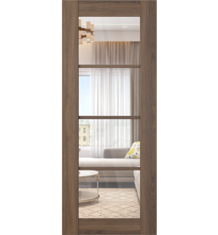 DOOR SLAB AVON 4 LITE CLEAR VETRO PECAN NUTWOOD 30" X 80" X 1 3/4" TEMPERED CLEAR GLASS