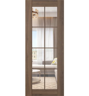 DOOR SLAB AVON 8 LITE CLEAR VETRO PECAN NUTWOOD 36" X 84" X 1 3/4" TEMPERED CLEAR GLASS