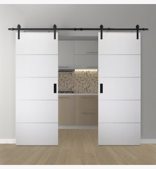 DOUBLE BARN DOOR OPTIMA 4H SNOW WHITE 60" X 80" X 1 3/4" SOLID CORE BLACK HARDWARE