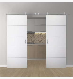 DOUBLE BARN DOOR OPTIMA 4H SNOW WHITE 48" X 96" X 1 3/4" SOLID CORE STAINLESS STEEL HARDWARE