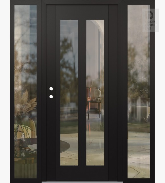 Modern Steel Front Door Diamond C14 60" x 80" black/black clear Glass Panel black RHI with 2 Sidelites clear Glass
