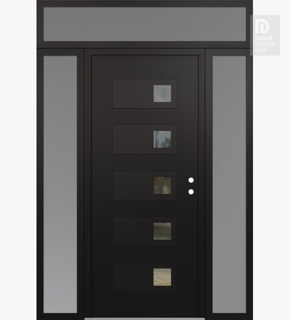 Modern Steel Front Door Diamond D2 60" x 96" black/black clear Glass Panel black LHI with 2 Sidelites and Transom frosted Glass