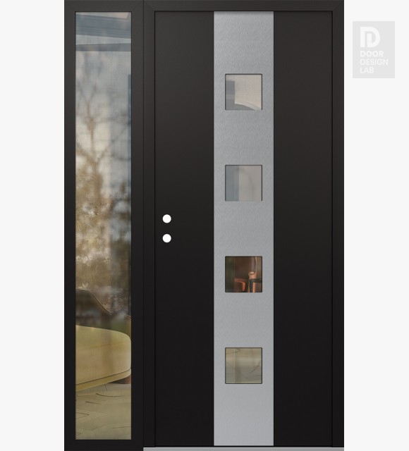 Modern Steel Front Door DIAMOND A12 52" X 80" BLACK/BLACK CLEAR GLASS PANEL STAINLESS STEEL RHI WITH SIDELITE CLEAR GLASS