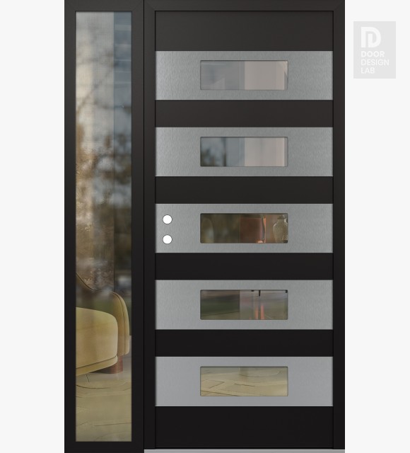 Modern Steel Front Door Diamond D5 48" x 80" black/black clear Glass Panel stainless steel RHI with Sidelite clear Glass