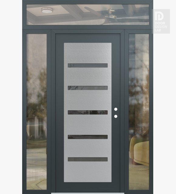 Modern Steel Front Door Diamond C7 68" x 96" anthracite/anthracite mirrored Glass Panel stainless steel LHI with 2 Sidelites and Transom clear Glass