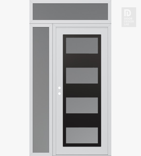 Modern Steel Front Door Diamond C2 48" x 96" white/white frosted Glass Panel black RHI with Sidelite and Transom frosted Glass