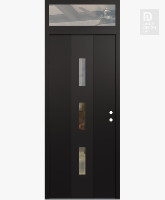Modern Steel Front Door DIAMOND A7 36" X 96" BLACK/BLACK CLEAR GLASS PANEL BLACK LHI WITH TRANSOM CLEAR GLASS