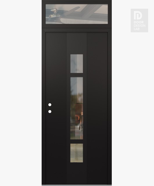 Modern Steel Front Door DIAMOND A9 36" X 96" BLACK/BLACK CLEAR GLASS PANEL BLACK RHI WITH TRANSOM CLEAR GLASS