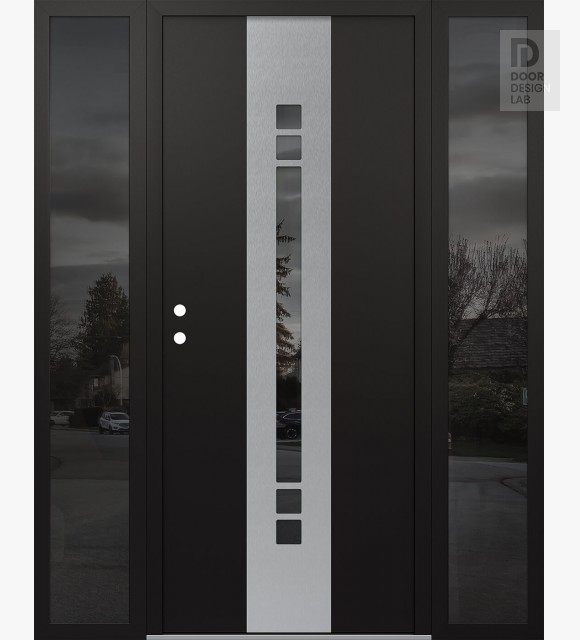Modern Steel Front Door DIAMOND A4 60" X 80" BLACK/BLACK MIRRORED GLASS PANEL STAINLESS STEEL RHI WITH 2 SIDELITES MIRRORED GLASS