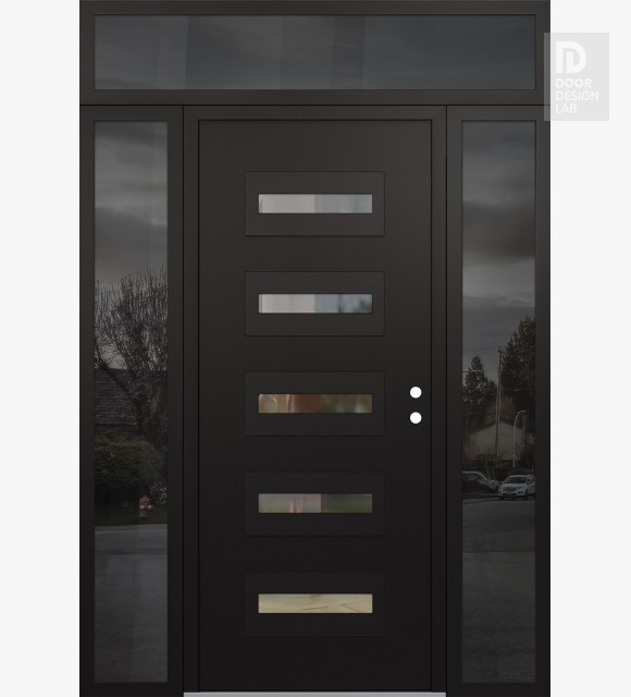Modern Steel Front Door Diamond D4 68" x 96" black/black clear Glass Panel black LHI with 2 Sidelites and Transom mirrored Glass