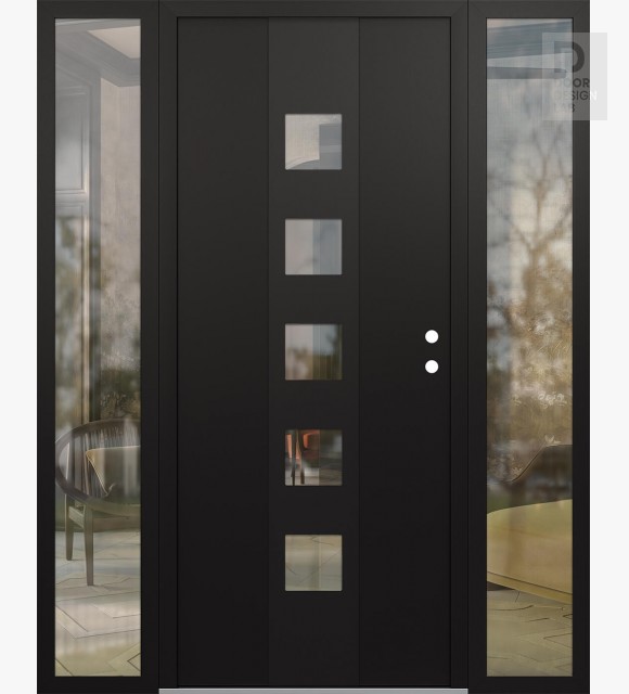 Modern Steel Front Door DIAMOND A13 60" X 80" BLACK/BLACK CLEAR GLASS PANEL BLACK LHI WITH 2 SIDELITES CLEAR GLASS