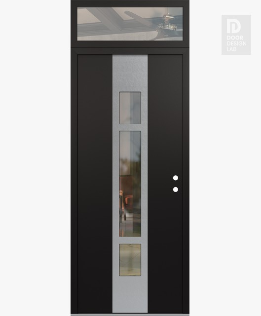 Modern Steel Front Door DIAMOND A9 36" X 96" BLACK/BLACK CLEAR GLASS PANEL STAINLESS STEEL LHI WITH TRANSOM CLEAR GLASS