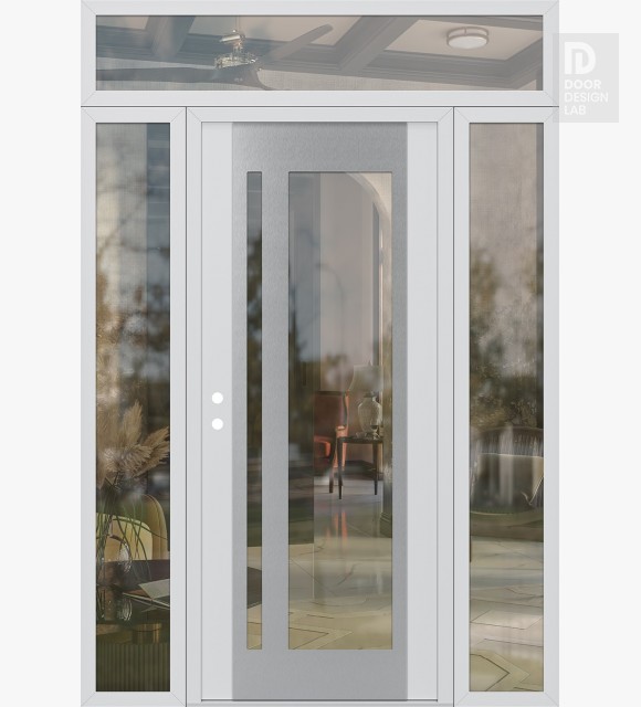 Modern Steel Front Door Diamond C15 68" x 96" white/white clear Glass Panel stainless steel RHI with 2 Sidelites and Transom clear Glass