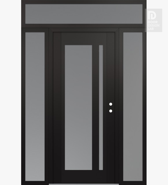 Modern Steel Front Door Diamond C15 68" x 96" black/white frosted Glass Panel black LHI with 2 Sidelites and Transom frosted Glass