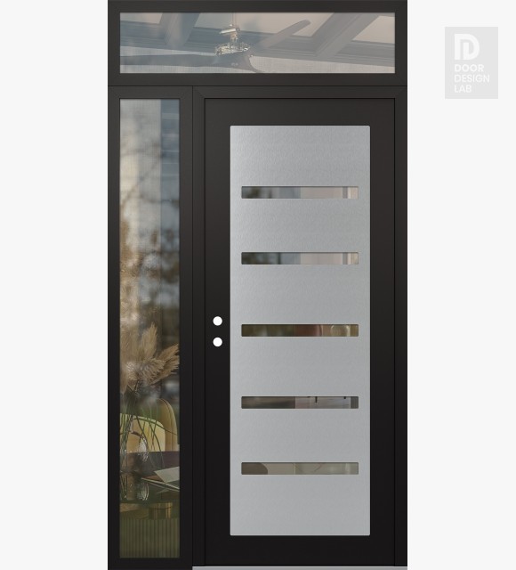 Modern Steel Front Door Diamond C7 50" x 96" black/black clear Glass Panel stainless steel RHI with Sidelite and Transom clear Glass