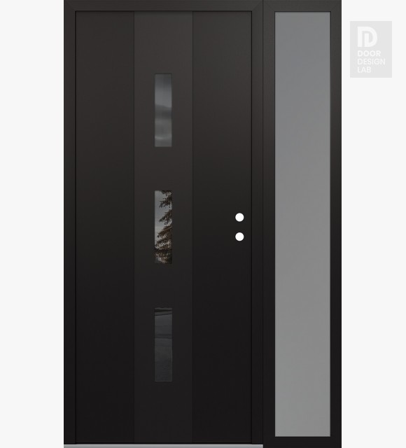 Modern Steel Front Door DIAMOND A7 48" X 80" BLACK/BLACK MIRRORED GLASS PANEL BLACK LHI WITH SIDELITE FROSTED GLASS