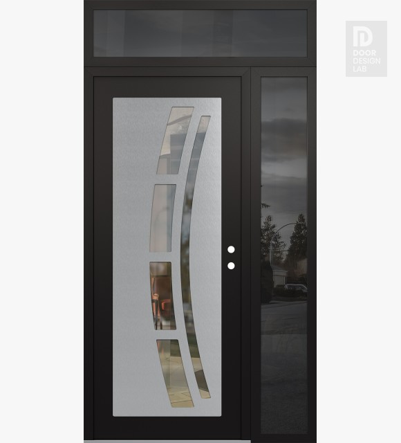 Modern Steel Front Door Diamond C12 52" x 96" black/black clear Glass Panel stainless steel LHI with Sidelite and Transom mirrored Glass