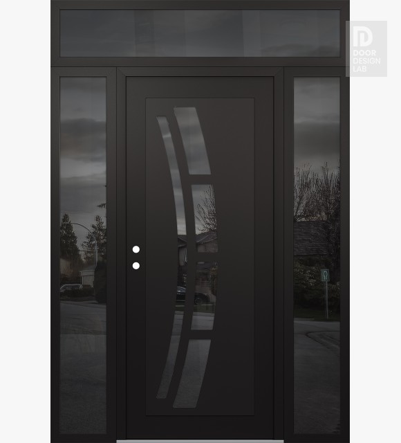 Modern Steel Front Door Diamond C12 64" x 96" black/black mirrored Glass Panel black RHI with 2 Sidelites and Transom mirrored Glass