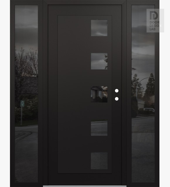 Modern Steel Front Door Diamond C5 64" x 80" black/black mirrored Glass Panel black LHI with 2 Sidelites mirrored Glass