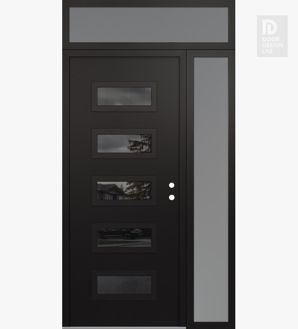 Modern Steel Front Door Diamond D1 52" x 96" black/black mirrored Glass Panel black LHI with Sidelite and Transom frosted Glass