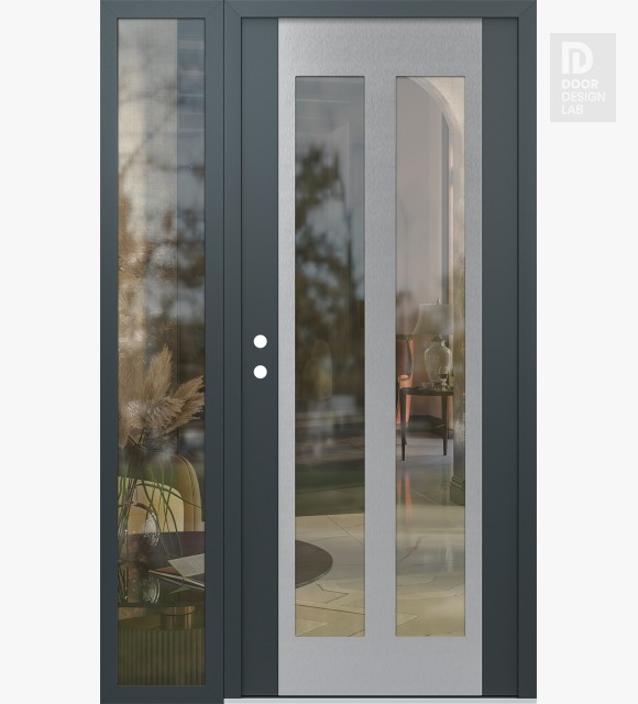 Modern Steel Front Door Diamond C14 48" x 80" anthracite/anthracite clear Glass Panel stainless steel RHI with Sidelite clear Glass