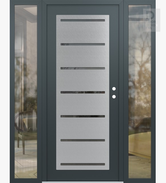 Modern Steel Front Door Diamond C11 64" x 80" anthracite/anthracite mirrored Glass Panel stainless steel LHI with 2 Sidelites clear Glass