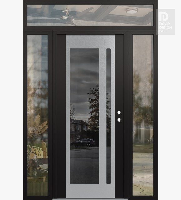 Modern Steel Front Door Diamond C15 64" x 96" black/black mirrored Glass Panel stainless steel LHI with 2 Sidelites and Transom clear Glass