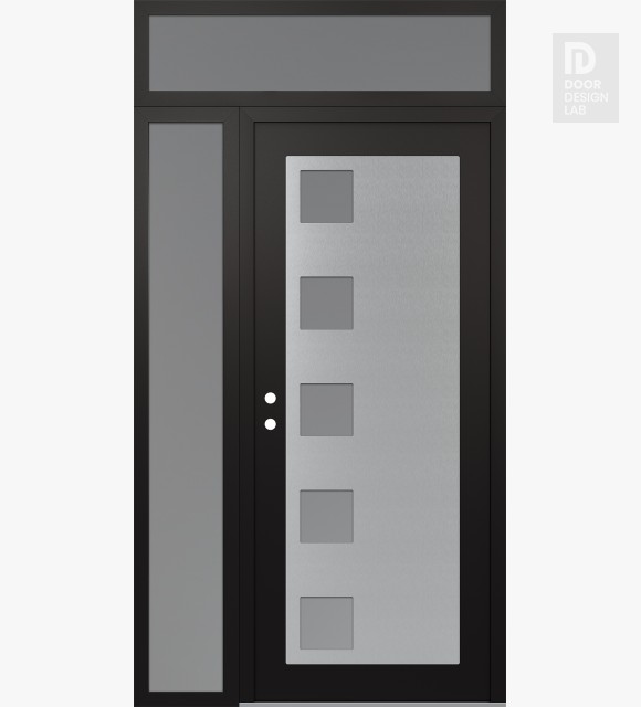 Modern Steel Front Door Diamond C5 48" x 96" black/white frosted Glass Panel stainless steel RHI with Sidelite and Transom frosted Glass