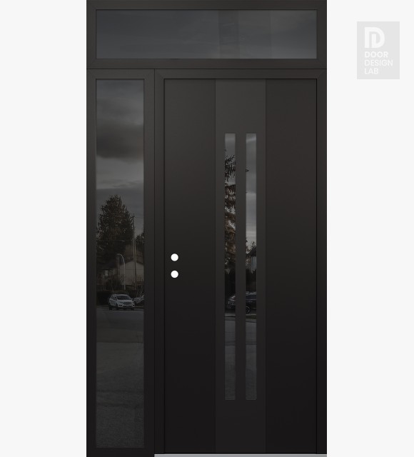 Modern Steel Front Door DIAMOND A8 50" X 96" BLACK/BLACK MIRRORED GLASS PANEL BLACK RHI WITH SIDELITE AND TRANSOM MIRRORED GLASS