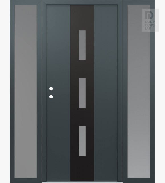 Modern Steel Front Door DIAMOND A7 64" X 80" ANTHRACITE/ANTHRACITE FROSTED GLASS PANEL BLACK RHI WITH 2 SIDELITES FROSTED GLASS