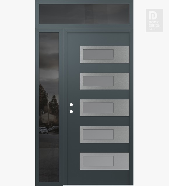 Modern Steel Front Door Diamond D3 50" x 96" anthracite/anthracite frosted Glass Panel stainless steel RHI with Sidelite and Transom mirrored Glass