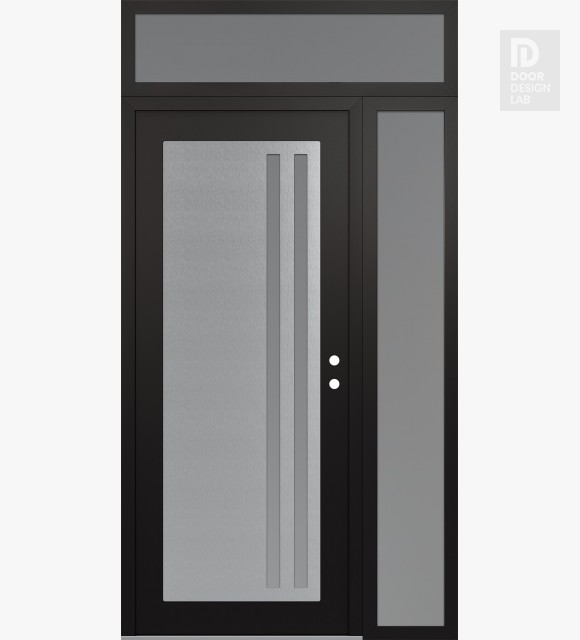 Modern Steel Front Door Diamond C6 50" x 96" black/white frosted Glass Panel stainless steel LHI with Sidelite and Transom frosted Glass