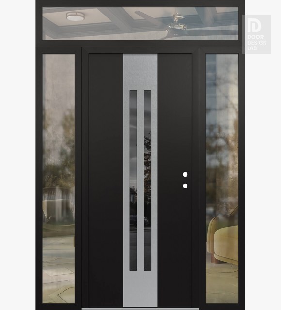 Modern Steel Front Door DIAMOND A8 68" X 96" BLACK/BLACK MIRRORED GLASS PANEL STAINLESS STEEL LHI WITH 2 SIDELITES AND TRANSOM CLEAR GLASS