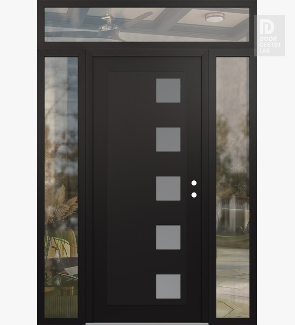 Modern Steel Front Door Diamond C5 60" x 96" black/white frosted Glass Panel black LHI with 2 Sidelites and Transom clear Glass