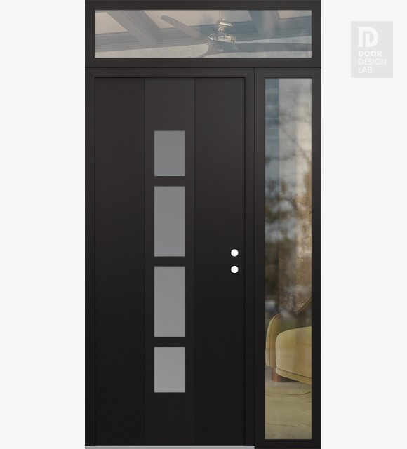 Modern Steel Front Door DIAMOND A10 50" X 96" BLACK/WHITE FROSTED GLASS PANEL BLACK LHI WITH SIDELITE AND TRANSOM CLEAR GLASS