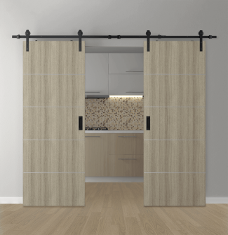 DOUBLE BARN DOOR OPTIMA 4H SHAMBOR 36" X 80" X 1 3/4" SOLID CORE BLACK HARDWARE