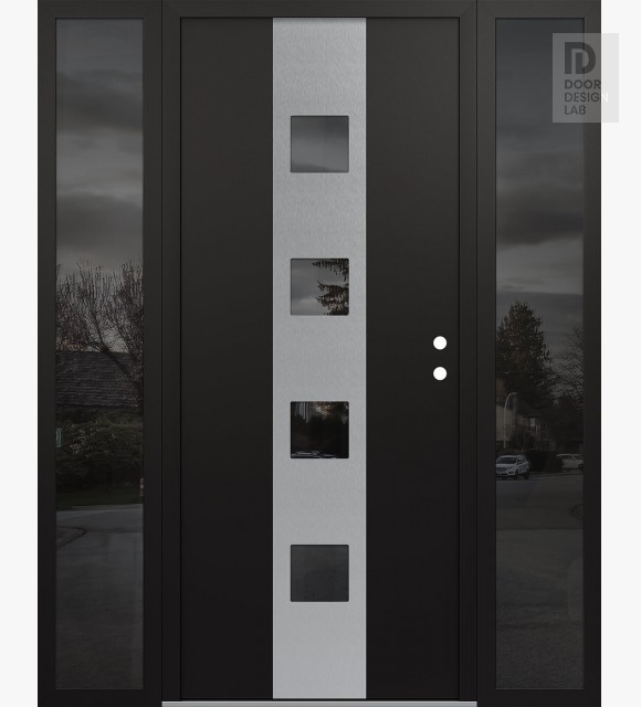 Modern Steel Front Door DIAMOND A12 60" X 80" BLACK/BLACK MIRRORED GLASS PANEL STAINLESS STEEL LHI WITH 2 SIDELITES MIRRORED GLASS