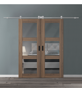 DOUBLE BARN DOOR AVON 3 LITE VETRO PECAN NUTWOOD 60" X 80" X 1 3/4" STAINLESS STEEL HARDWARE